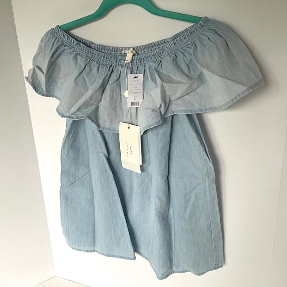 Soft Joie Off Shoulder Blouse Womens Blue Ruffle Cotton Chambray Relaxed Top - Picture 4 of 6